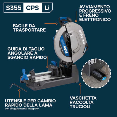 Troncatrice a trazione a batteria da 355mm per il taglio dei metalli, con motore brushless da 36V e lama EvoMax – S355CPS-Li