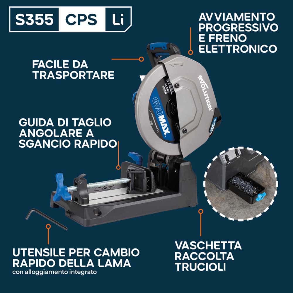Troncatrice a trazione a batteria da 355mm per il taglio dei metalli, con motore brushless da 36V e lama EvoMax – S355CPS-Li