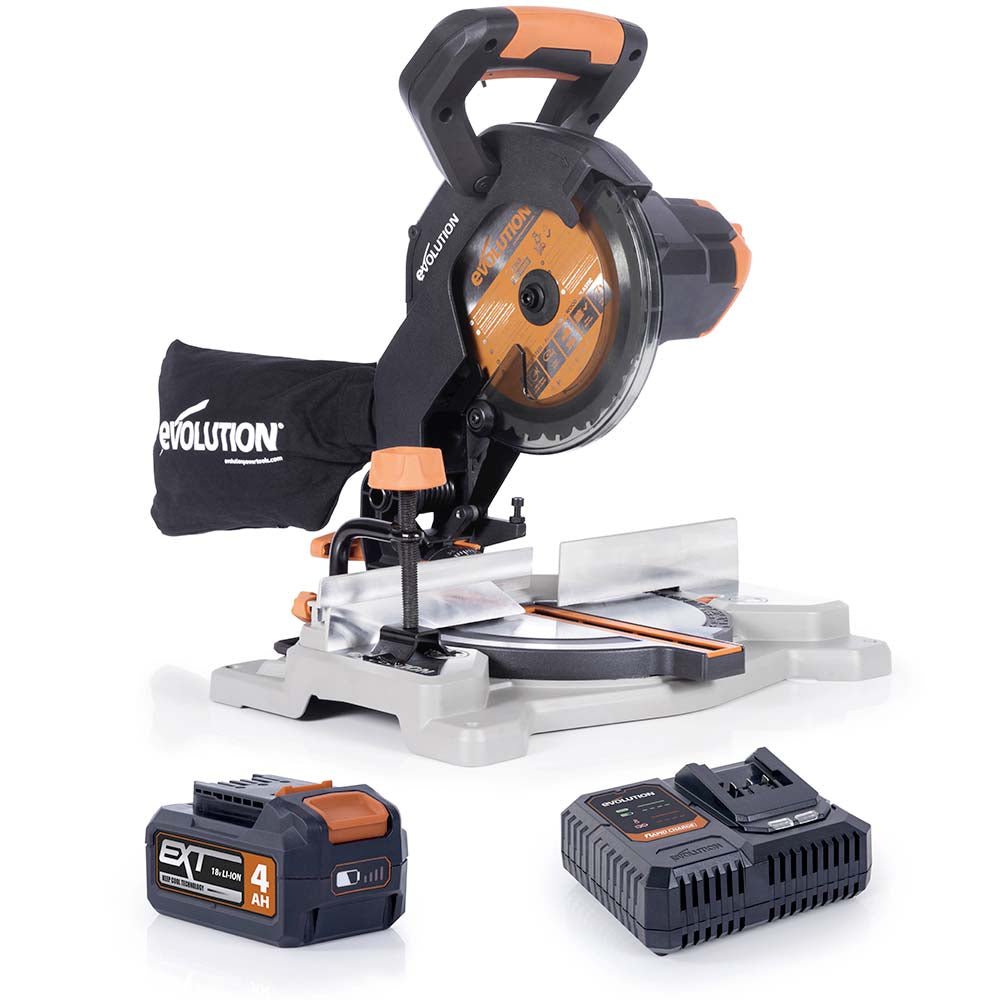Troncatrice angolare a batteria Evolution R185CMS-Li da 185 mm con lama multi-materiale TCT, batteria da 4 Ah e caricabatterie