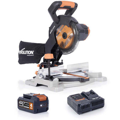 Troncatrice angolare a batteria Evolution R185CMS-Li da 185 mm con lama multi-materiale TCT, batteria da 4 Ah e caricabatterie
