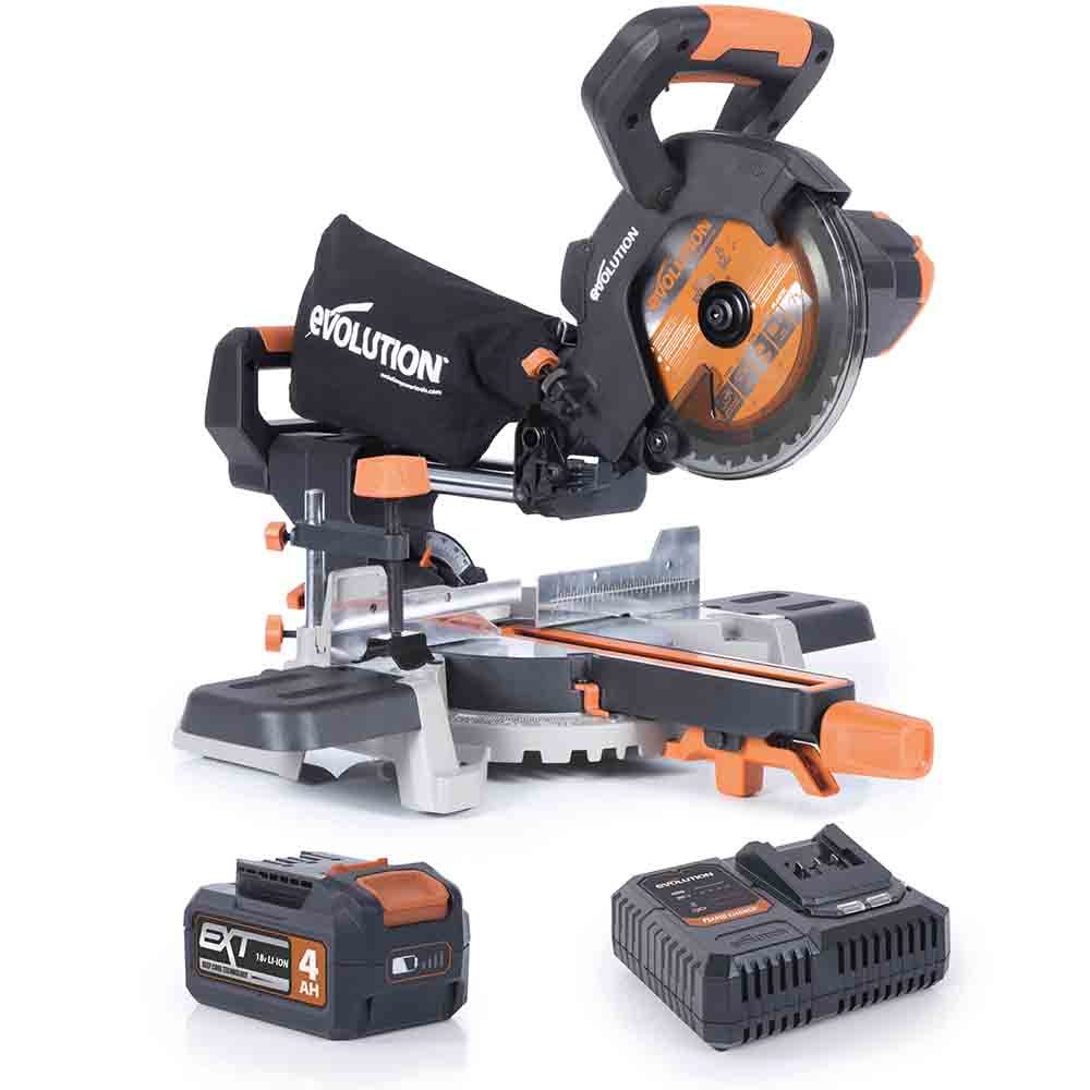 Troncatrice radiale angolare a batteria Evolution R185SMS-Li da 185 mm con lama multi-materiale TCT, batteria da 4 Ah e caricabatterie rapido