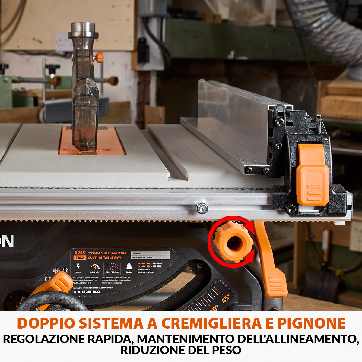 Pacchetto Evolution: Banco Sega R255TBL+ 1800W con lama da 255mm multi-materiale TCT + Supporto portatile con ruote