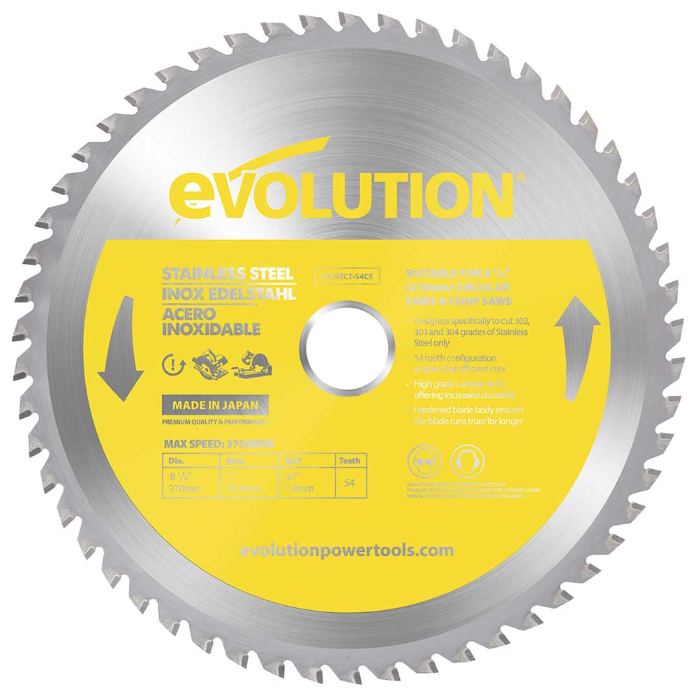 Lama per taglio acciaio inox in TCT Evolution da 210 mm, 54 denti, alesaggio da 25,4 mm per seghe circolari